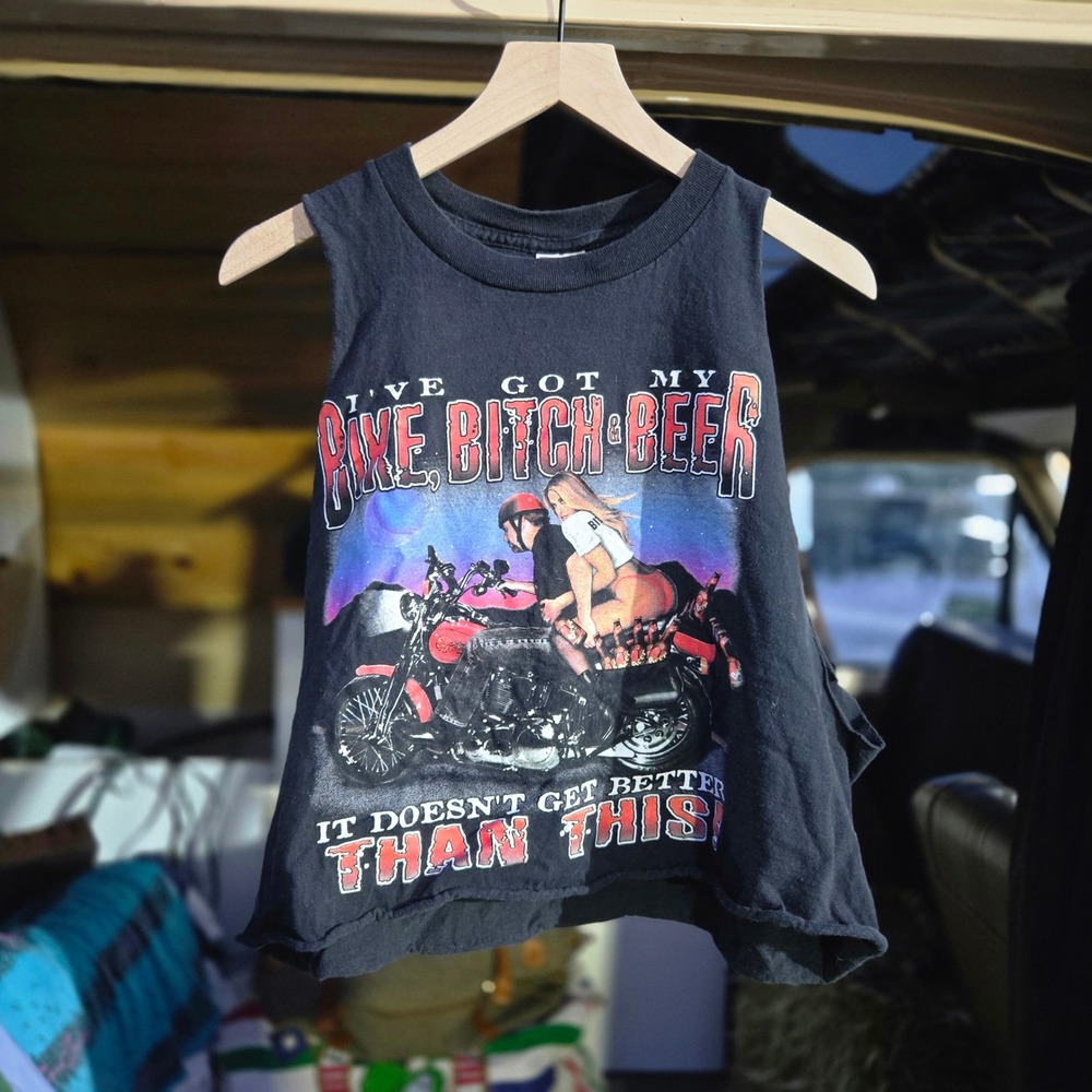VTG Bike B*tch Beer Muscle Tee Tank Black Women XL Raw Hem Crop Delta Pro Weight
